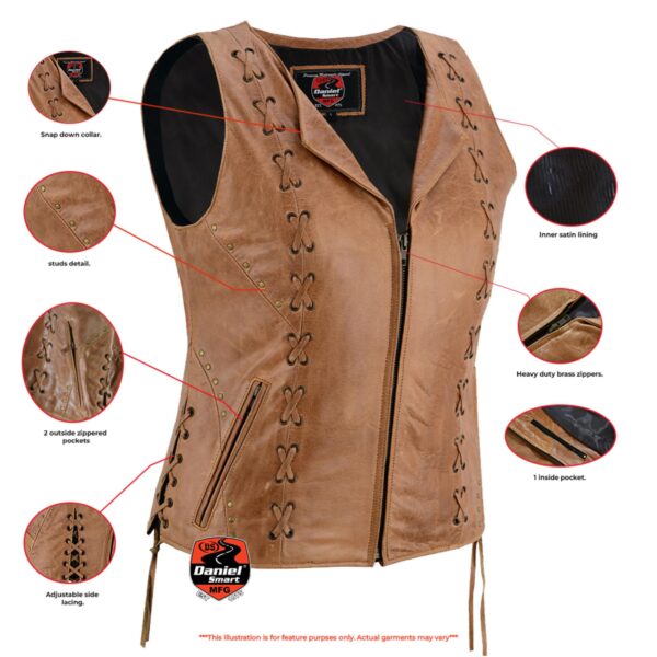 RC236 Women's Brown Zippered Vest with Lacing Details - Image 2