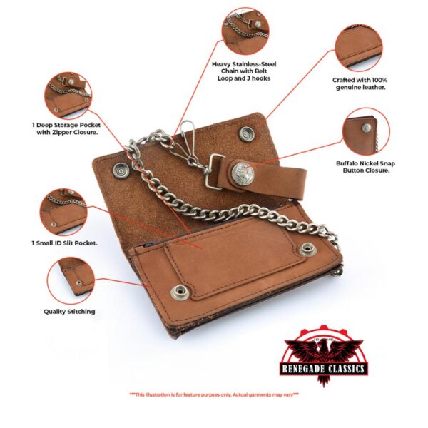 BWC231 Buffalo Nickel Snap Brown Leather Long Bi-Fold Biker Wallet - Image 2
