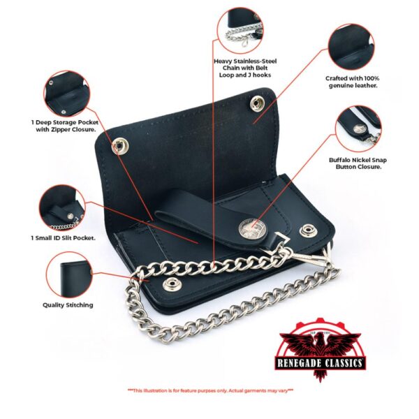 BWC232 Buffalo Nickel Snap Black Leather Long Bi-Fold Biker Wallet - Image 2