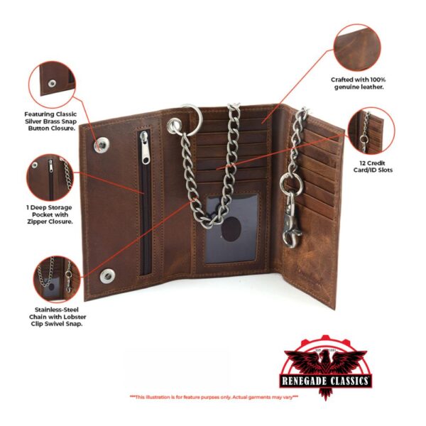 BWC234 Brown Long Bi-Fold Biker Leather Chain Wallet - Image 2