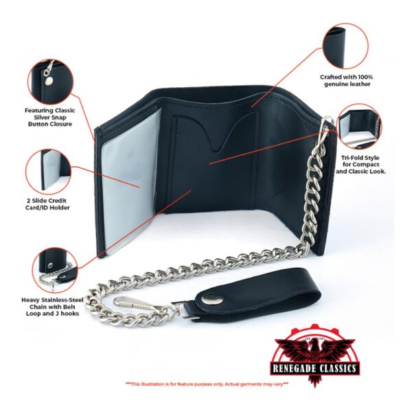 BWC235 Black Tri-Fold Genuine Leather Wallet with Chain - Image 2