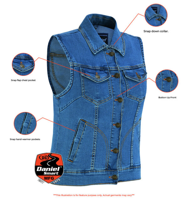RM943  Women's Blue Denim Snap Front Vest - Image 2