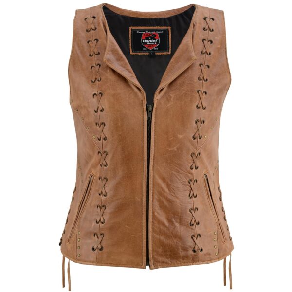 RC236 Women's Brown Zippered Vest with Lacing Details - Image 3