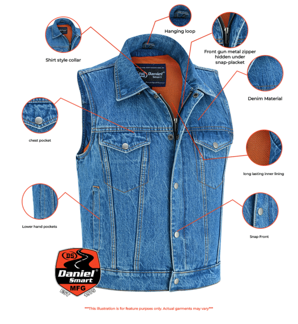 RM979BU Snap/Zipper Front Denim Vest- Blue - Image 2