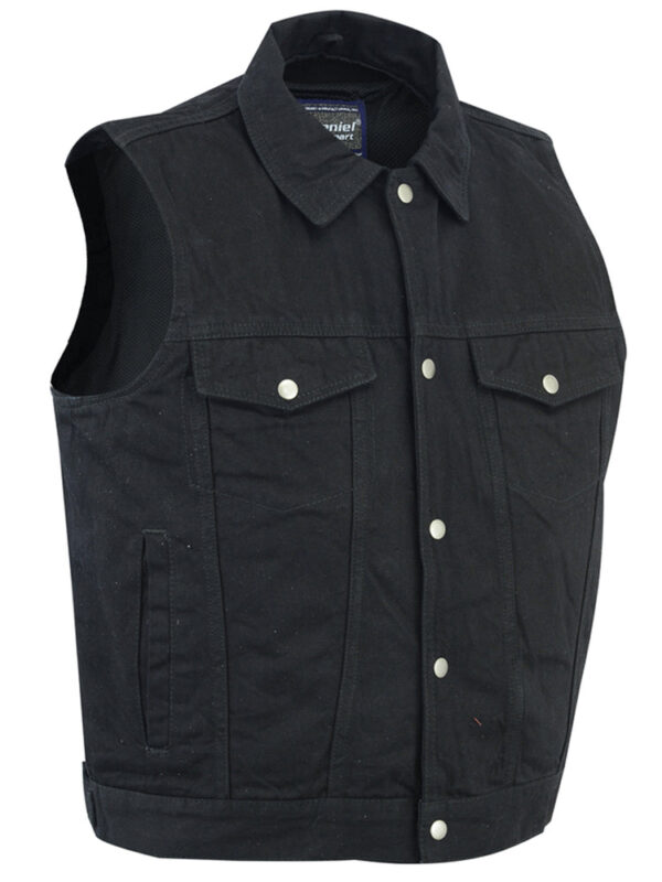 RM979BK Snap/Zipper Front Denim Vest- Black