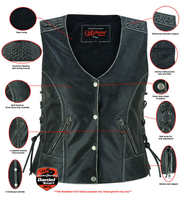 RC285V Women's Gray Vest with Grommet and Lacing Accents - Image 2
