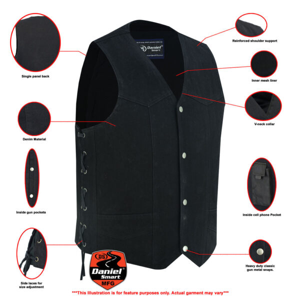 RM911 Men's Traditional Denim Vest with Side Laces - Image 2