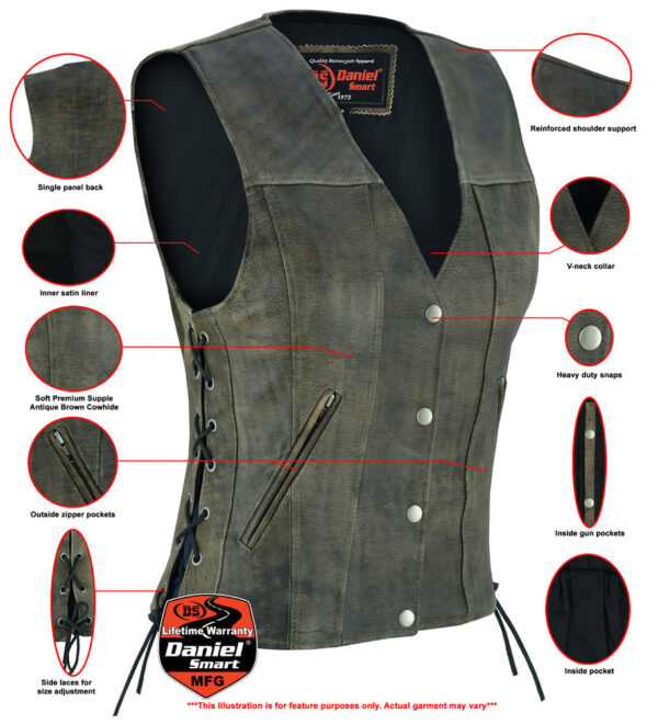RC207 Women's Antique Brown Single Back Panel Concealed Carry Vest - Image 2
