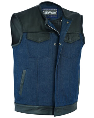 RM933 Men's Leather/Denim Combo Vest (Black/Broken Blue)