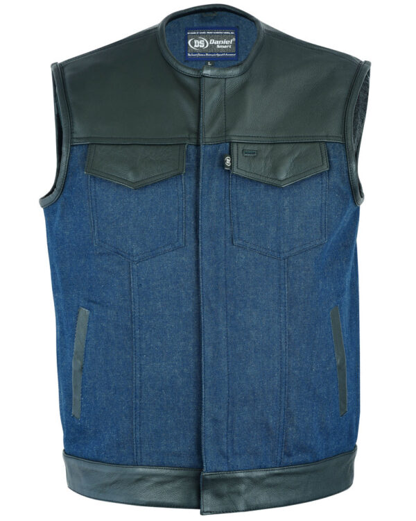 RM933 Men's Leather/Denim Combo Vest (Black/Broken Blue) - Image 2