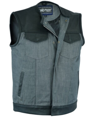 RM934 Men's Perforated Leather/Denim Combo Vest (Black/ Ash Gray)