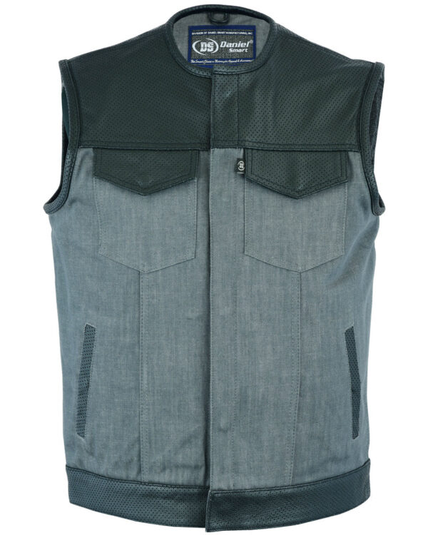 RM934 Men's Perforated Leather/Denim Combo Vest (Black/ Ash Gray) - Image 2
