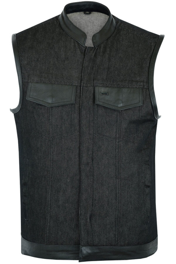 RM962 Men's Rough Rub-Off Raw Finish Denim Vest W/Leather Trim - Scoop Collar - Image 2