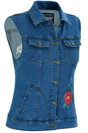 RM944 Women's Blue Denim Snap Front Vest with Red Daisy