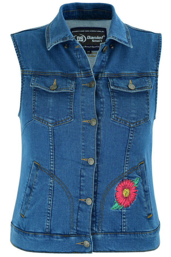 RM944 Women's Blue Denim Snap Front Vest with Red Daisy - Image 2