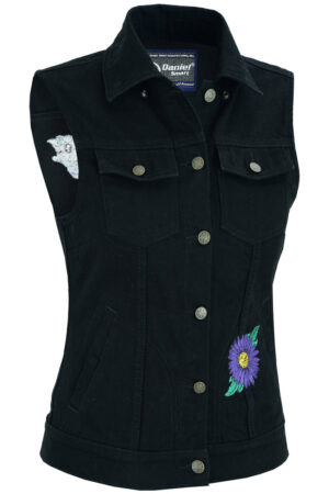 RM945 Women's Black Denim Snap Front Vest with Purple Daisy