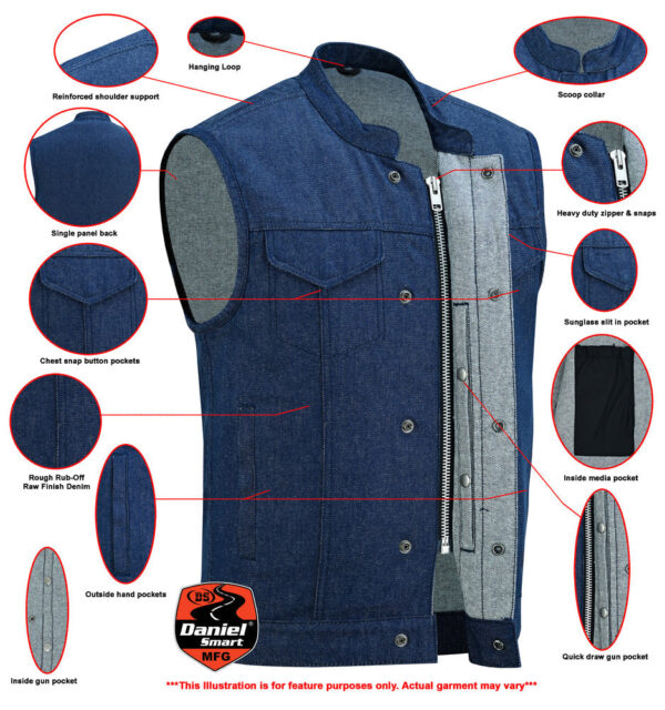 RM976 Men's Blue Rough Rub-Off Raw Finish Denim Vest - Image 2