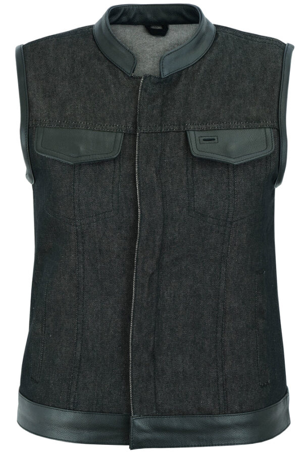 RM963 Women's Rough Rub-Off Raw Finish Denim Vest W/Leather Trim - Image 2