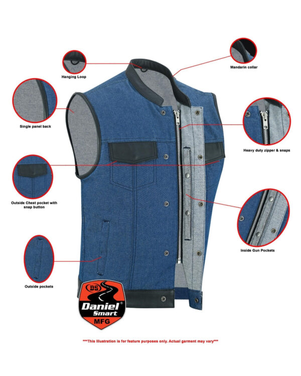 RM961 Men's Broken Blue RoughRub-Off Raw Finish Denim Vest W/Leather - Image 2