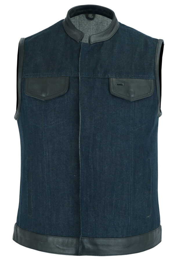 RM964 Women's Broken Blue Rough Rub-Off Raw Finish Denim Vest W/Leather Trim - Image 2