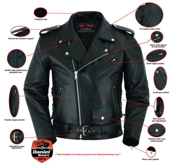 RC711 Economy Motorcycle Classic Biker Leather Jacket - Side Laces - Image 2