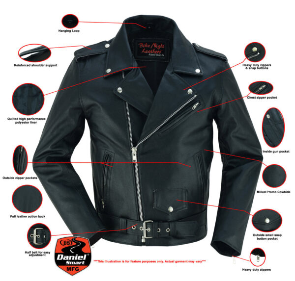 RC710 Economy Motorcycle Classic Biker Leather Jacket - Plain Sides - Image 2
