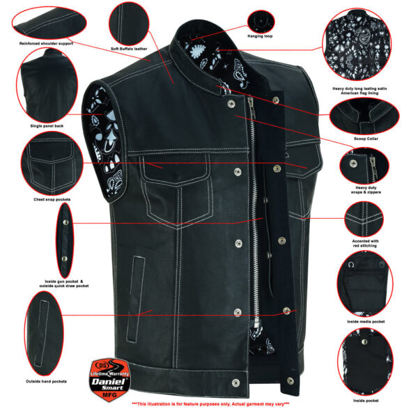 RC164 Men's Paisley Black Leather Motorcycle Vest with White Stitching - Image 2