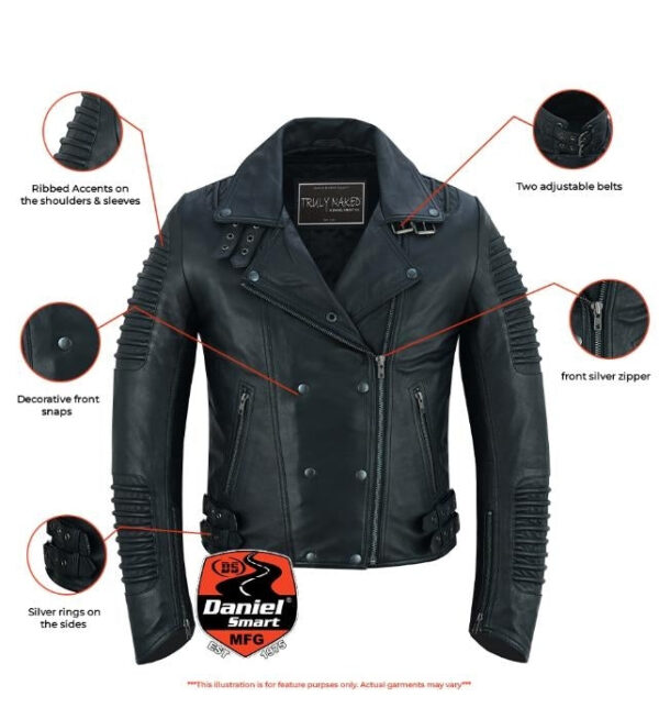 Shadow Queen Women's Black Fashion Leather Jacket with Ribbed Accents - Image 2