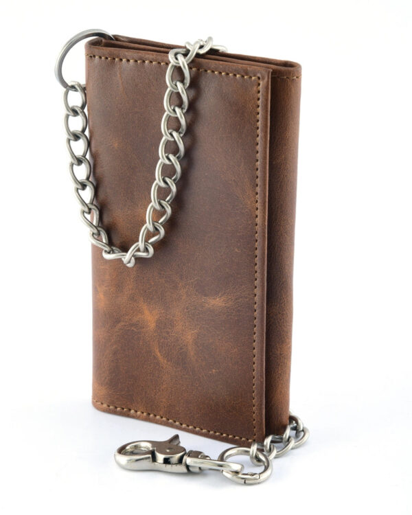 BWC234 Brown Long Bi-Fold Biker Leather Chain Wallet - Image 3