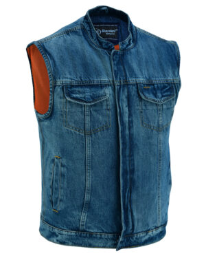 RM989BU Concealed Snap Closure, Denim Material, Scoop Collar & Hidden