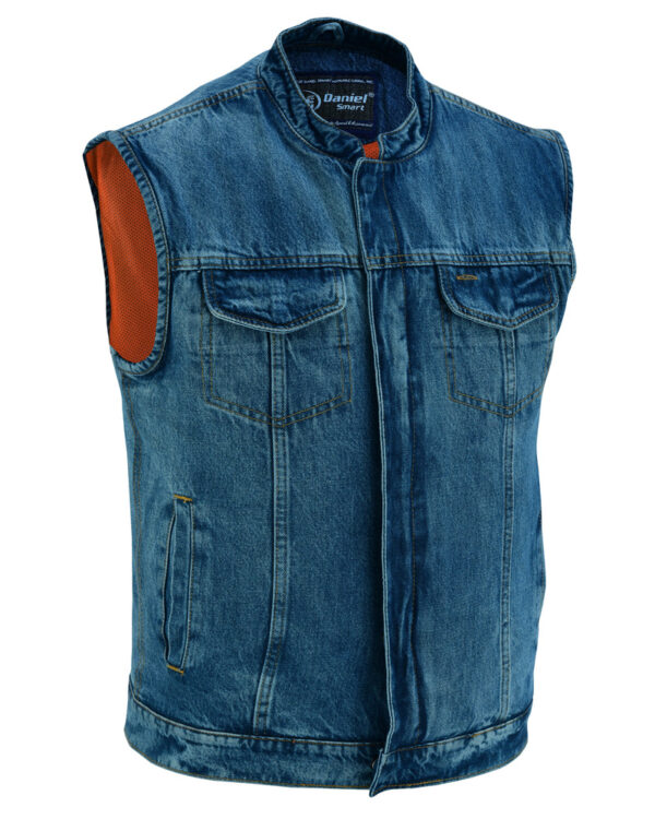 RM989BU Concealed Snap Closure, Denim Material, Scoop Collar & Hidden