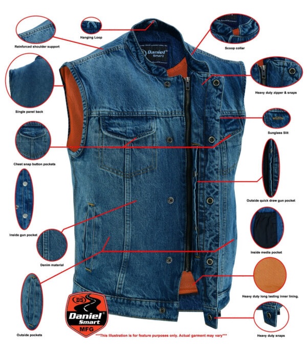 RM989BU Concealed Snap Closure, Denim Material, Scoop Collar & Hidden - Image 2