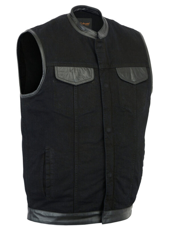 RM992 Men's Black Denim Single Panel Concealment Vest W/ Leather Trim