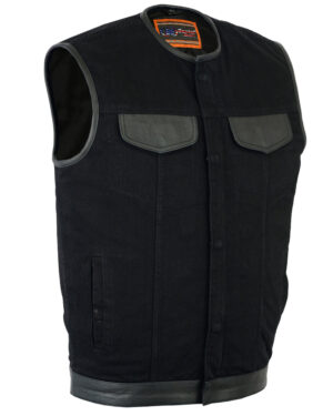 RM991 Men's Black Denim Single Panel Concealment Vest W/Leather Trim-