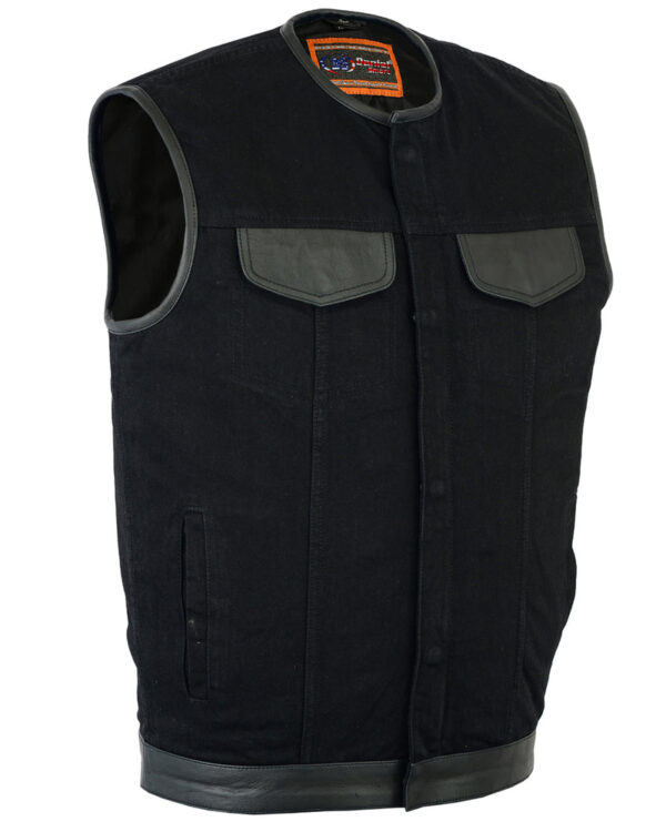 RM991 Men's Black Denim Single Panel Concealment Vest W/Leather Trim-