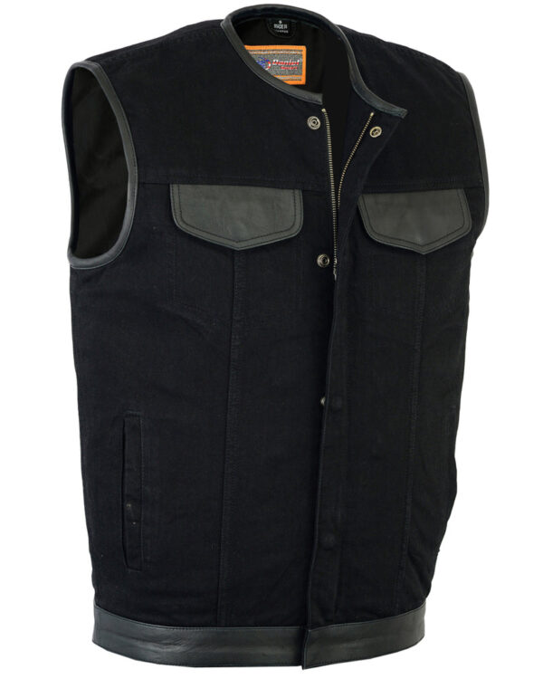 RM991 Men's Black Denim Single Panel Concealment Vest W/Leather Trim- - Image 2