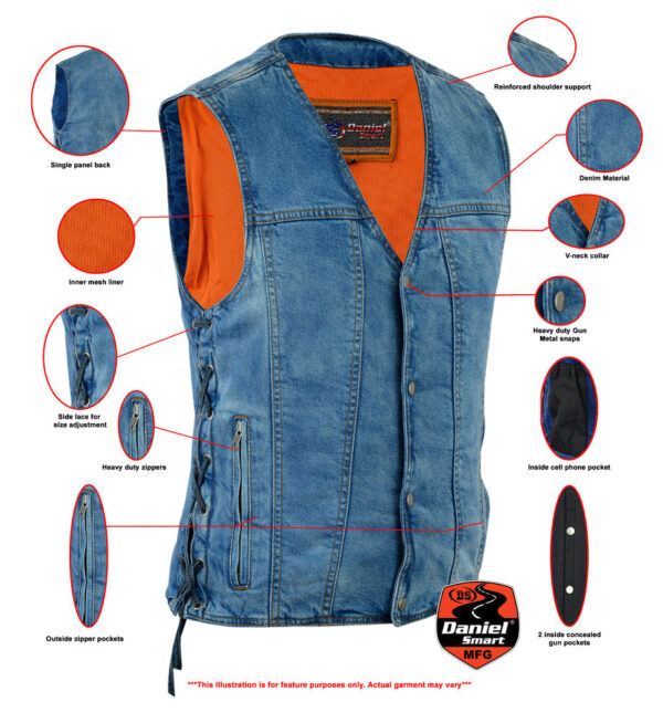 RM905BU    Men's Single Back Panel Concealed Carry Denim Vest - Image 2