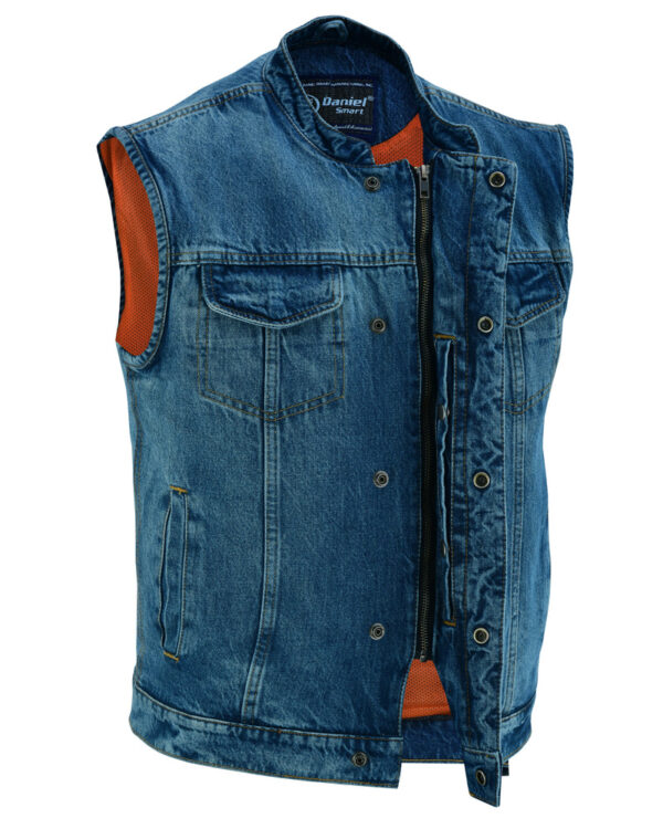RM989BU Concealed Snap Closure, Denim Material, Scoop Collar & Hidden - Image 7