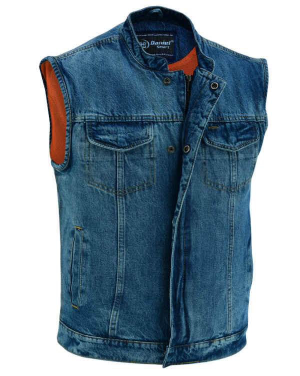 RM989BU Concealed Snap Closure, Denim Material, Scoop Collar & Hidden - Image 10