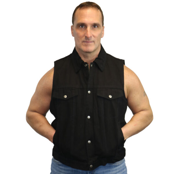 RM979BK Snap/Zipper Front Denim Vest- Black - Image 4