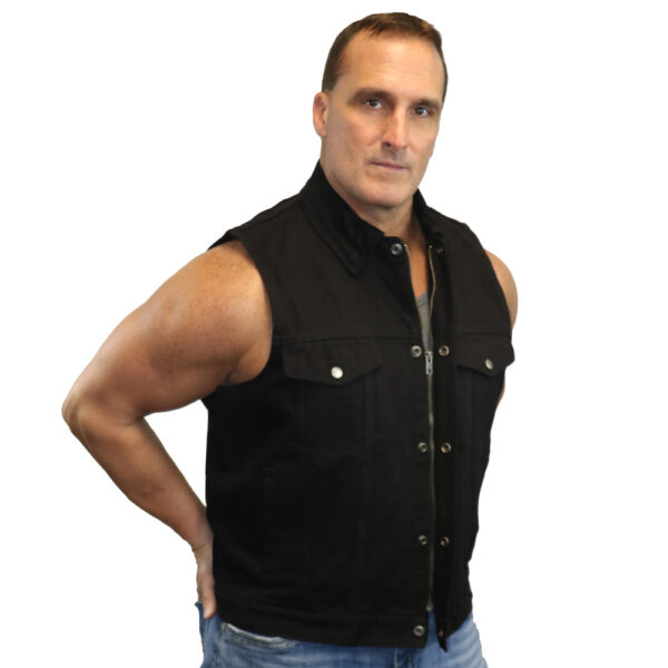 RM979BK Snap/Zipper Front Denim Vest- Black - Image 5