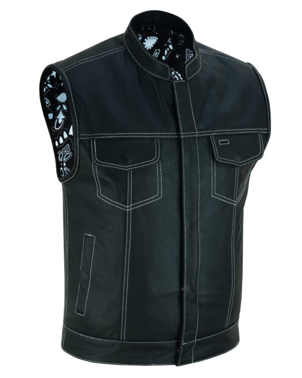 RC164 Men's Paisley Black Leather Motorcycle Vest with White Stitching - Image 6