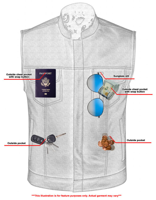 RC164 Men's Paisley Black Leather Motorcycle Vest with White Stitching - Image 7