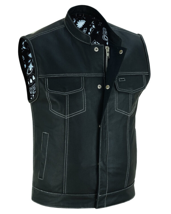 RC164 Men's Paisley Black Leather Motorcycle Vest with White Stitching - Image 10