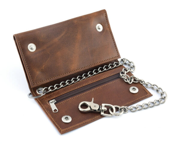BWC234 Brown Long Bi-Fold Biker Leather Chain Wallet - Image 4