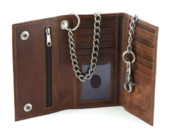 BWC234 Brown Long Bi-Fold Biker Leather Chain Wallet - Image 5