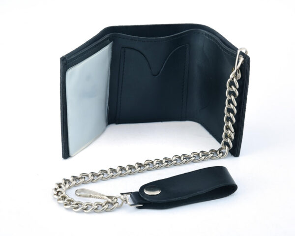 BWC235 Black Tri-Fold Genuine Leather Wallet with Chain - Image 4