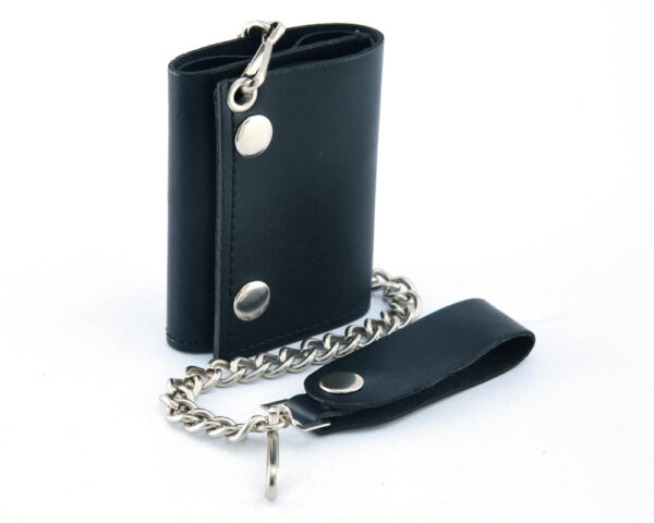 BWC235 Black Tri-Fold Genuine Leather Wallet with Chain - Image 5