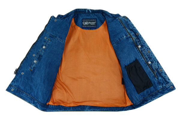 RM989BU Concealed Snap Closure, Denim Material, Scoop Collar & Hidden - Image 4