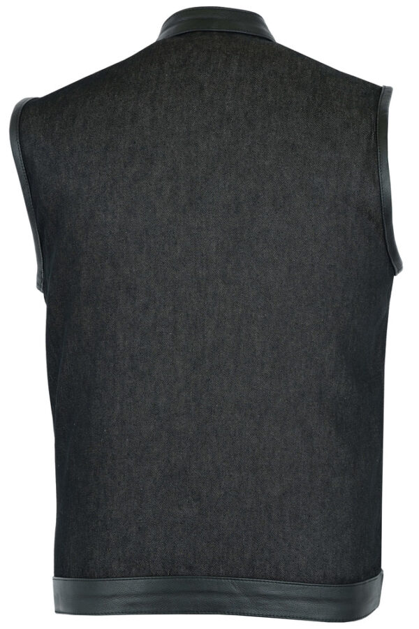 RM962 Men's Rough Rub-Off Raw Finish Denim Vest W/Leather Trim - Scoop Collar - Image 3